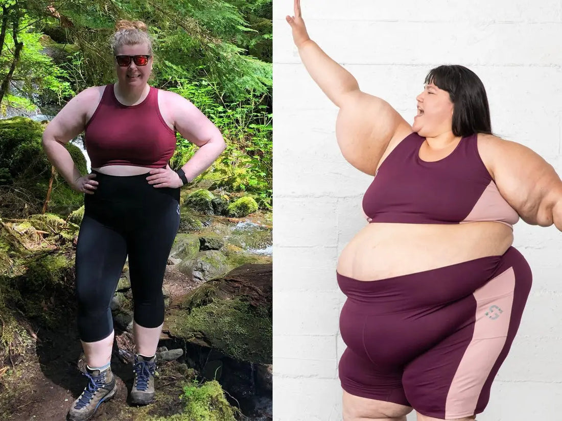 Two plus size women hikers are wearing Superfit Hero capris and shorts. 