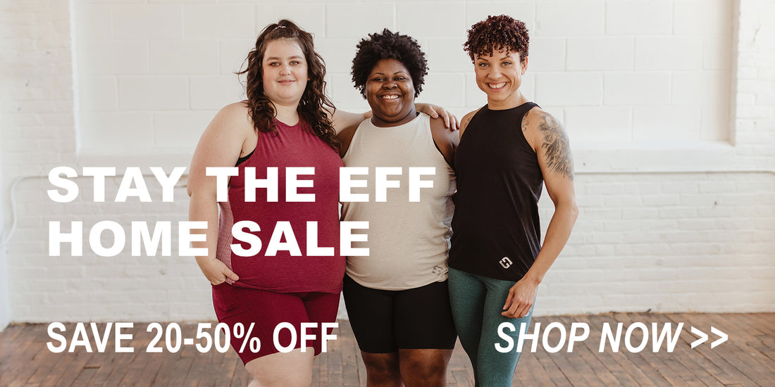 Three athletes posing with text that says "Stay the Eff Home Sale"