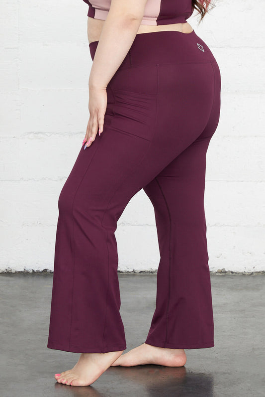 compression flare yoga leggings with pockets for plus size women, burgundy