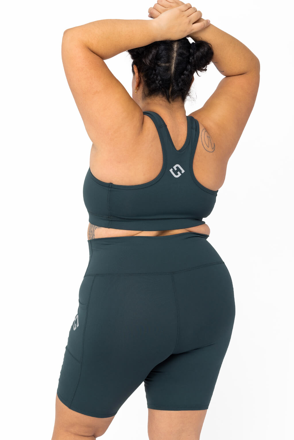plus size compression bike shorts with pockets, evergreen back full