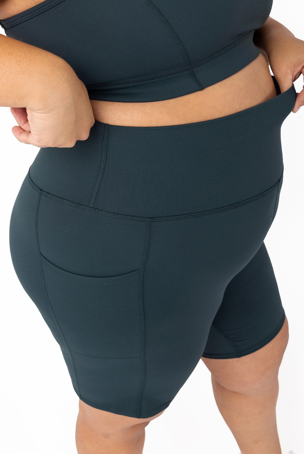 plus size compression bike shorts with pockets, evergreen, profile