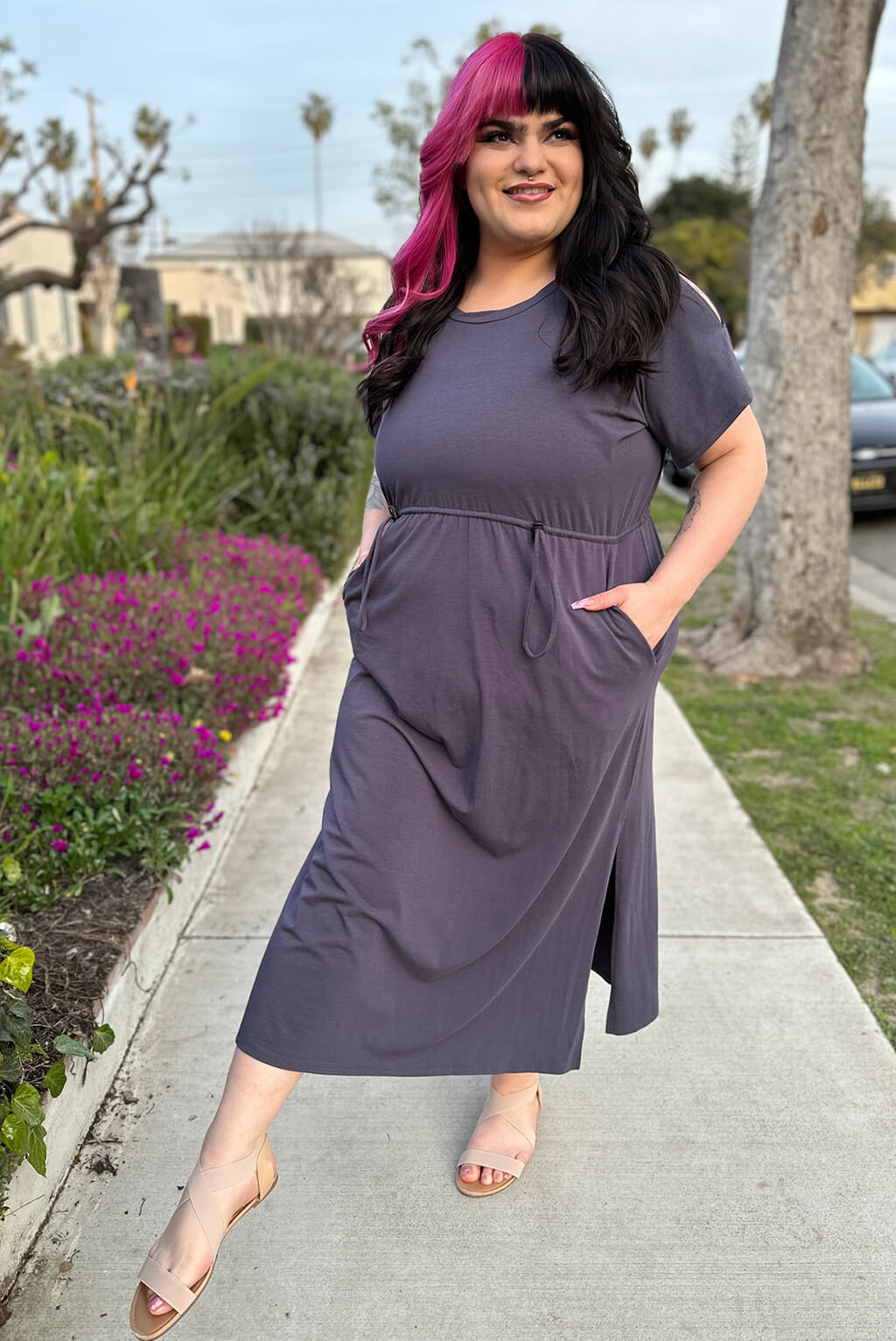 Periwinkle Purple Flutter Sleeve Dress for Plus Size Women, Activewear and athleisure by Superfit Hero, front