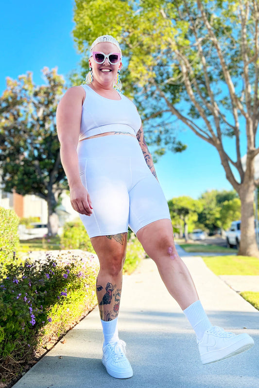 Premium plus size activewear pocket bike shorts in color white by Superfit Hero.
